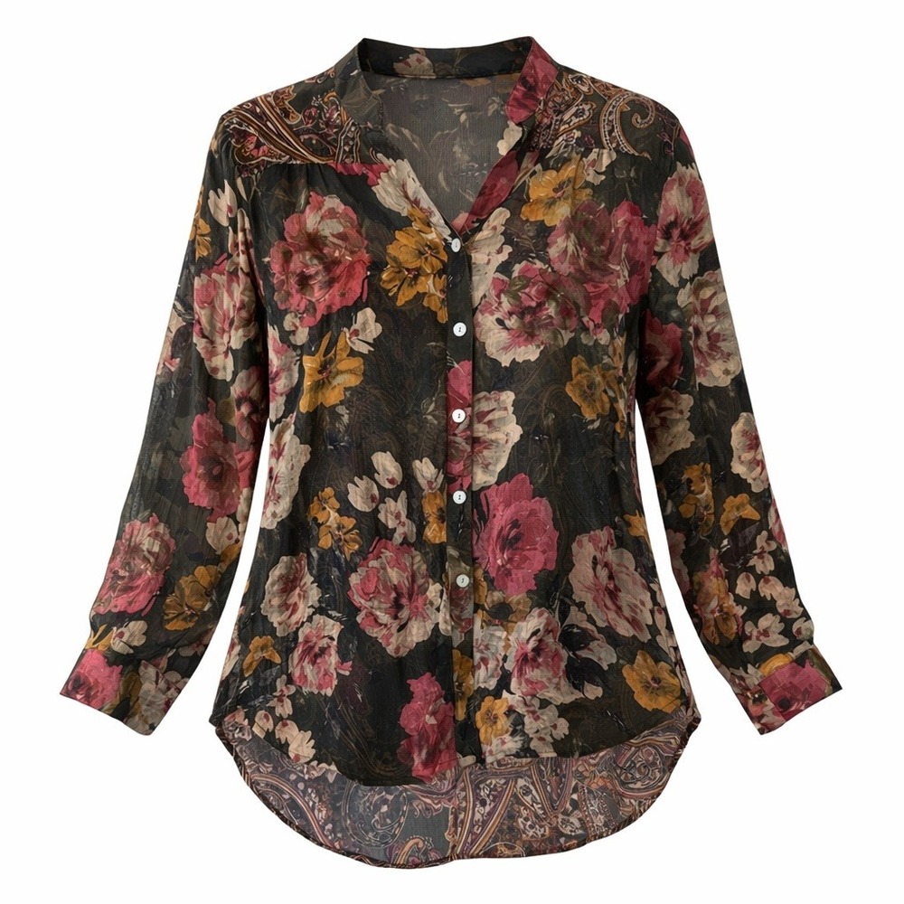 Figueroa & Flower Womens‎ Wimsygoth Dark Floral Back Button Up Top Sz XL Sheer